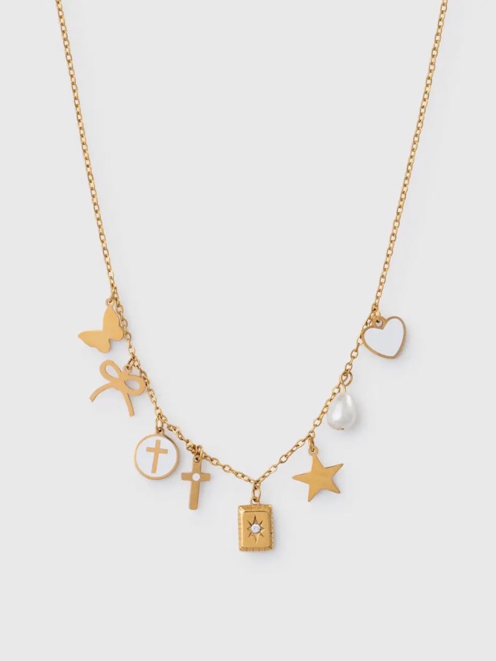 Gold Multi-Charm Necklace with Pearl Accent